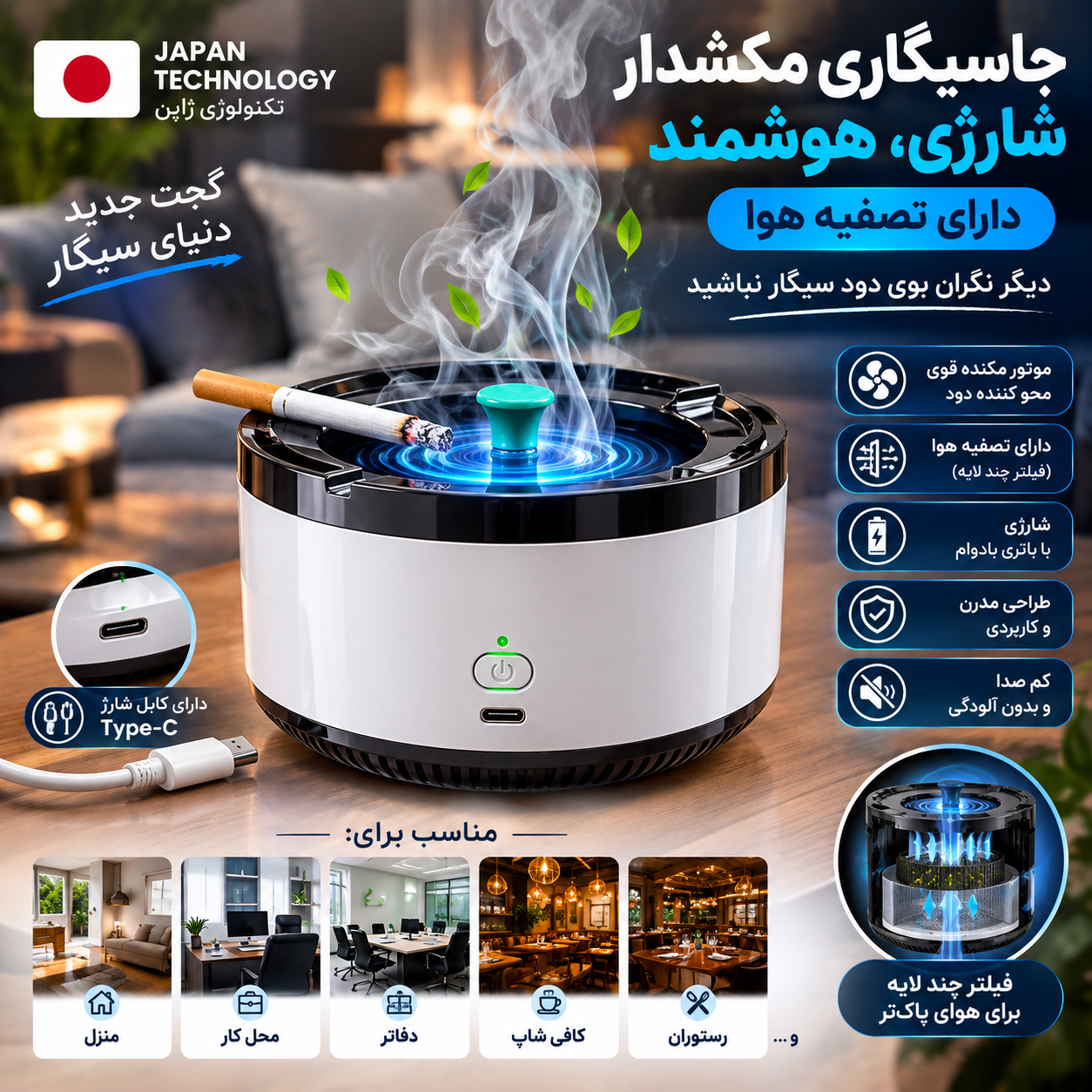 جاسیگاری مکش دار شارژی همراه با تصفیه هوا